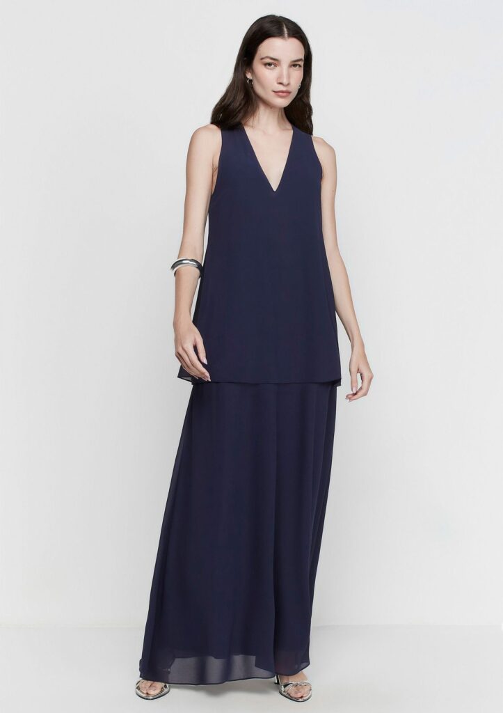 Vestido Longo Evasê Em Chiffon - Azul