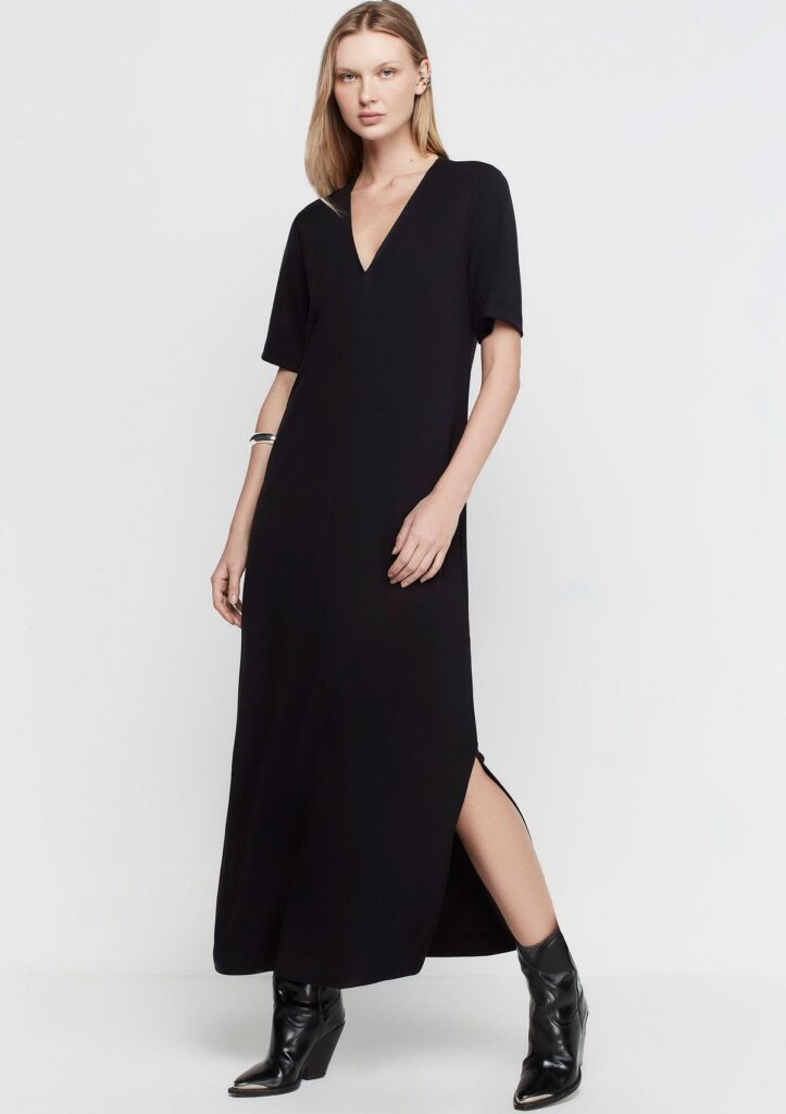 Vestido Midi Decote V Em Viscose - Preto