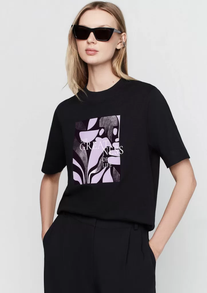 Camiseta Decote Redondo Estampada Em Algodão - Preto