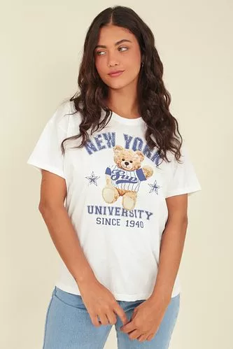 T-SHIRT EM MEIA MALHA URSO NEW YORK