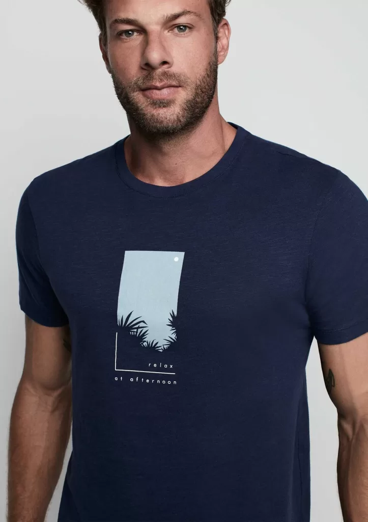 Camiseta Masculina Em Malha Flamê Estampada - Azul