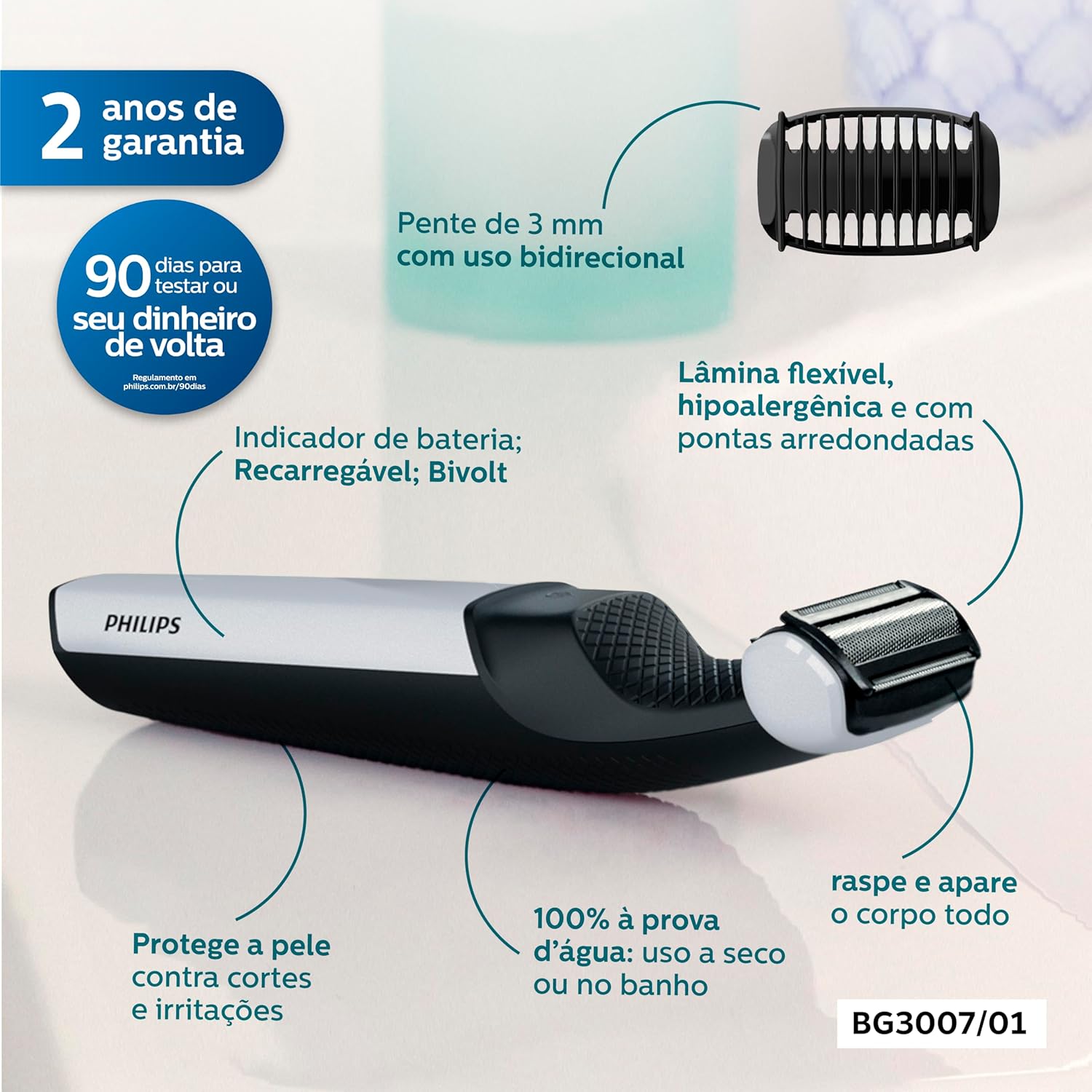 Philips Bodygroom Aparador e Raspador de Pelos para o Corpo, Uso Seco e Molhado, à Prova d’água, Bivolt – BG3007/01