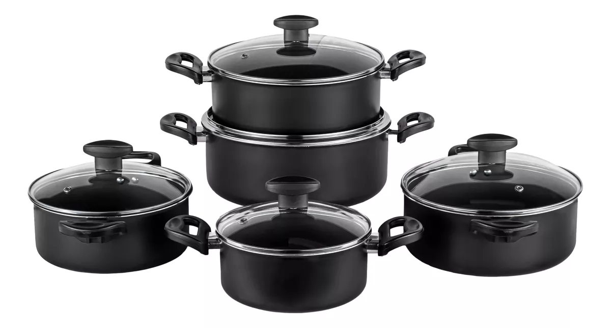 Jogo De Panelas 5 Pçs Antiaderente Tampa De Vidro