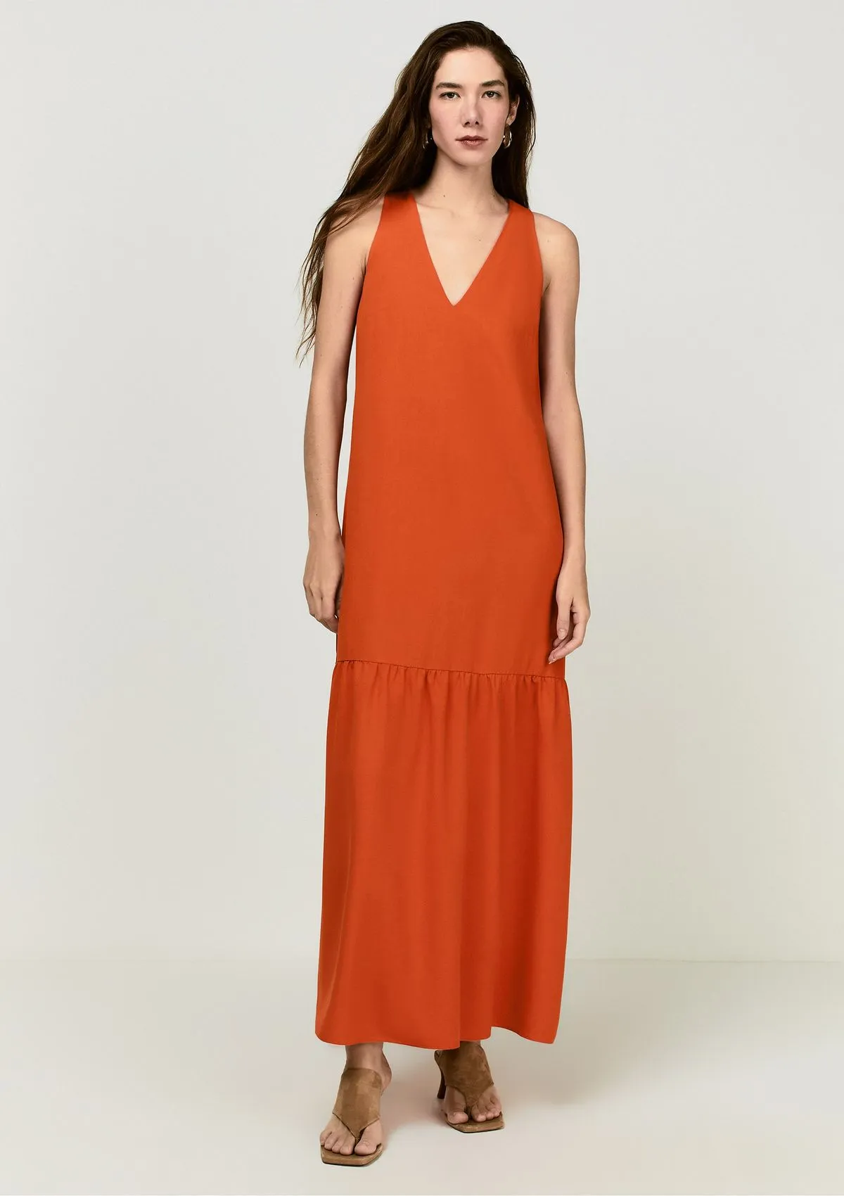 Vestido Longo Evasê Em Viscose Com Linho - Laranja