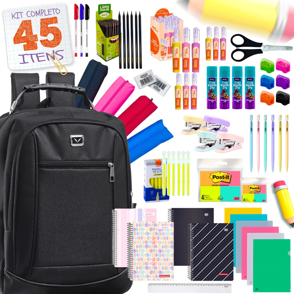 Material Escolar Kit Completo Mochila com Cabo de Aço Porta Notebook Ensino Fundamental Médio