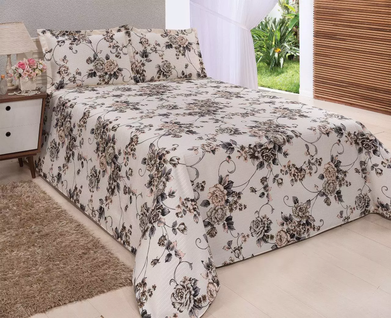 Cobre Leito Colcha Piquet Floral Casal Queen Hotel Pousada - Bege