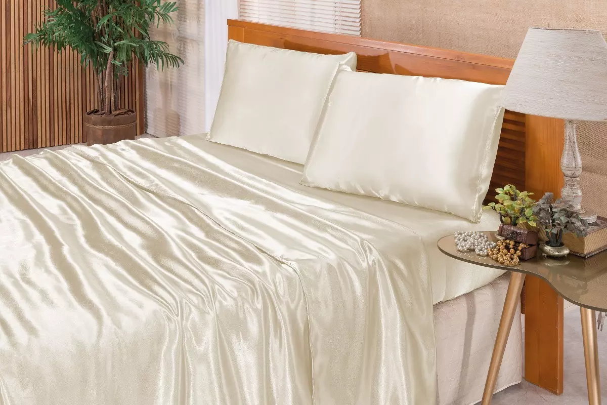 Jogo De Lençol Casal King Cetim Seda Alto Brilho 4 Peças - Pérola