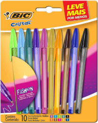 Canetas Coloridas Bic Cristal Fashion 10 Cores Vibrantes, Ponta Esferográfica Média de 1.2mm, Escrita Suave e Cores Vibrantes