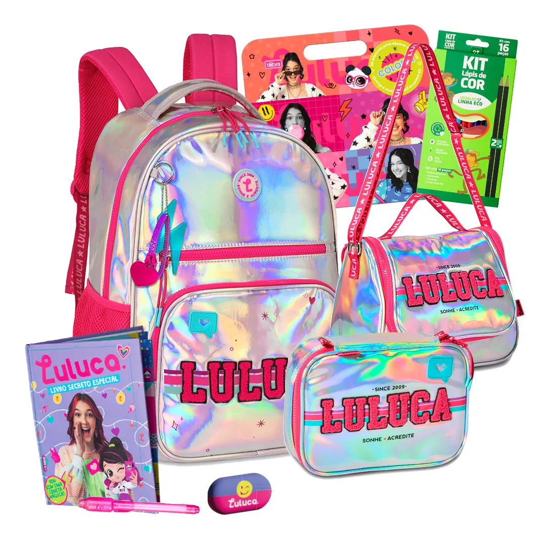 Kit Mochila Feminina Estojo Lancheira Luluca Jeans Escolar