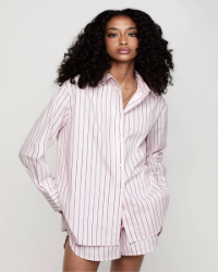 Camisa Listrada Alongada Rosa e Branco com Fendas - Listrada