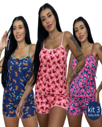 kit 3 Pijamas Baby Doll Short de Dormir