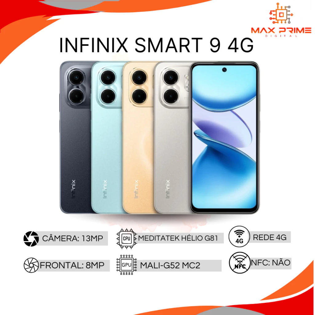 Infinix Smart 9, 128GB 4GB RAM, Câmera 13MP, Processador Mediatek Hélio G81, Bateria 5000MAH, Versão global