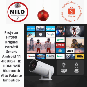 Achadinho do dia 30/11 Projetor HY300 Original Portátil Smart Android 11 4K Ultra HD HDMI Wifi Bluetooth Alto Falante Embutido